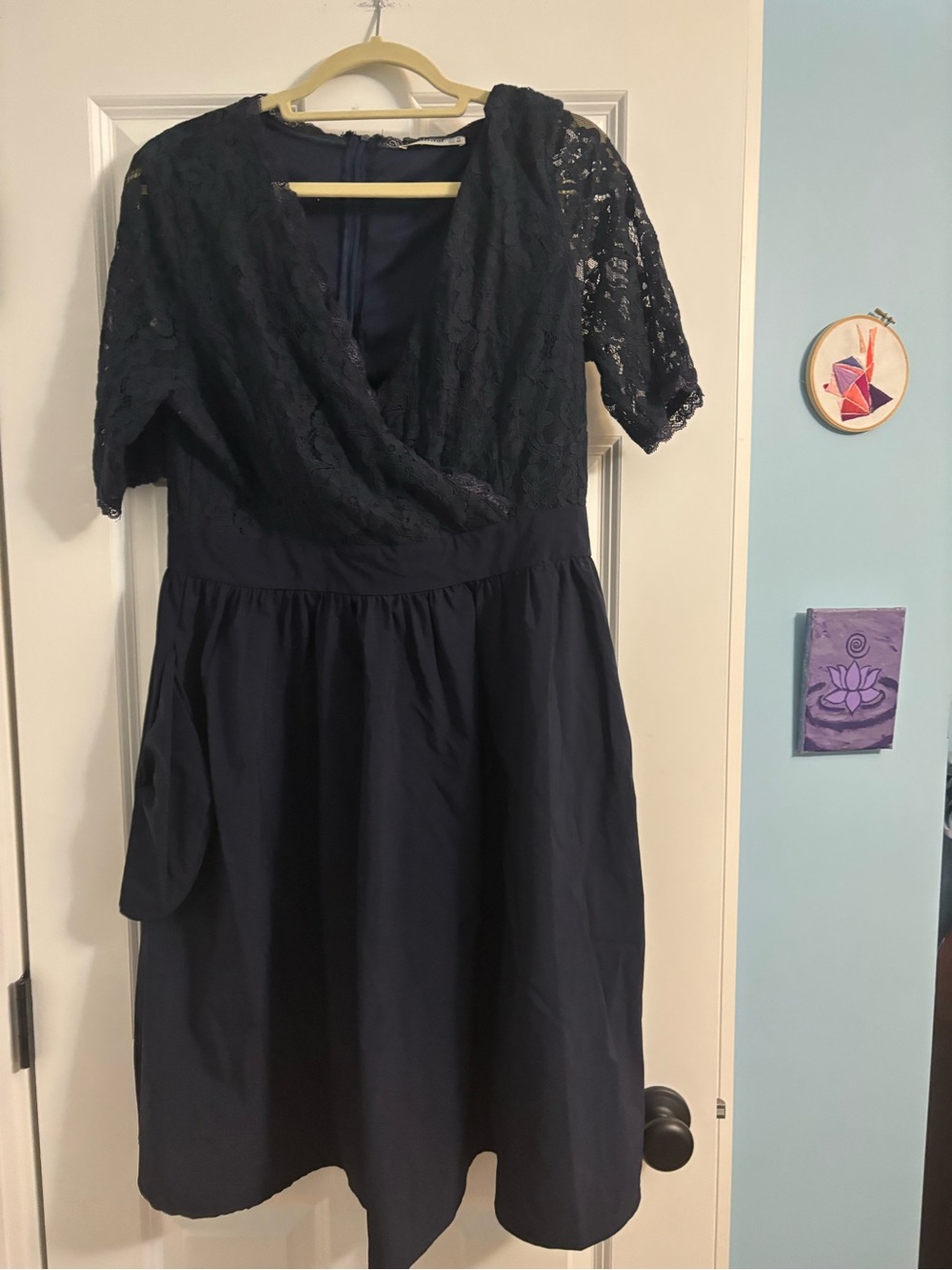 Navy Lace Wrap-Front Midi Dress